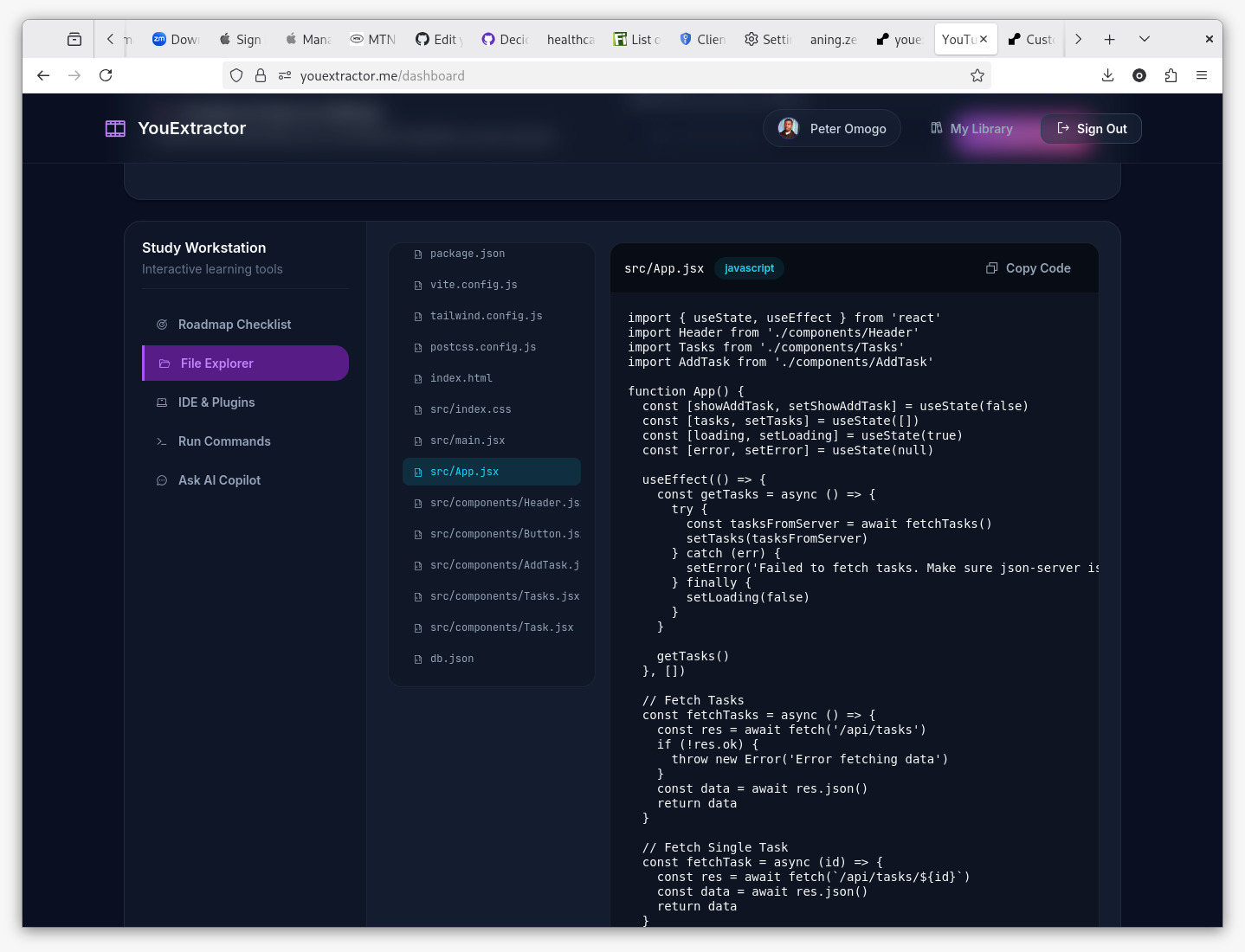 Workspace view with file explorer, code preview, and roadmap checklist for a Docker tutorial