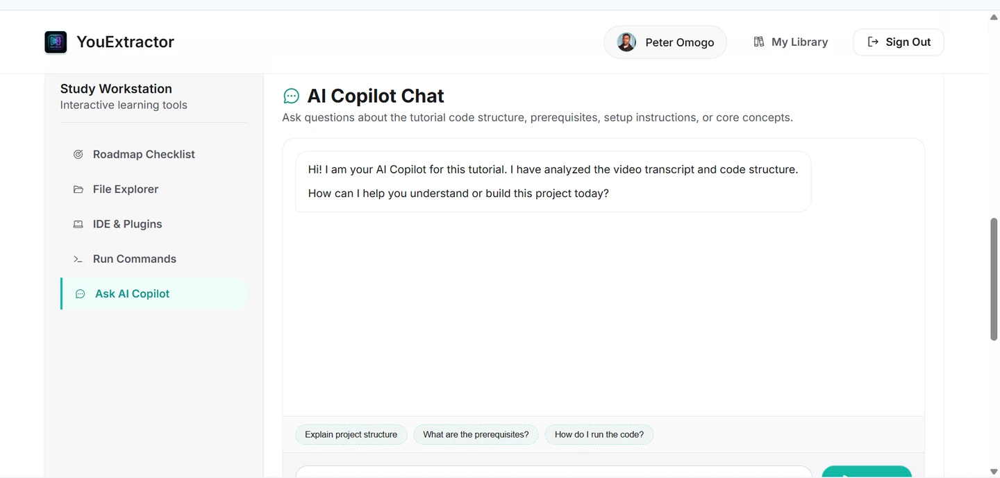 YouExtractor's AI Copilot chat for a tutorial, with suggested questions: Explain project structure, What are the prerequisites?, How do I run the code?