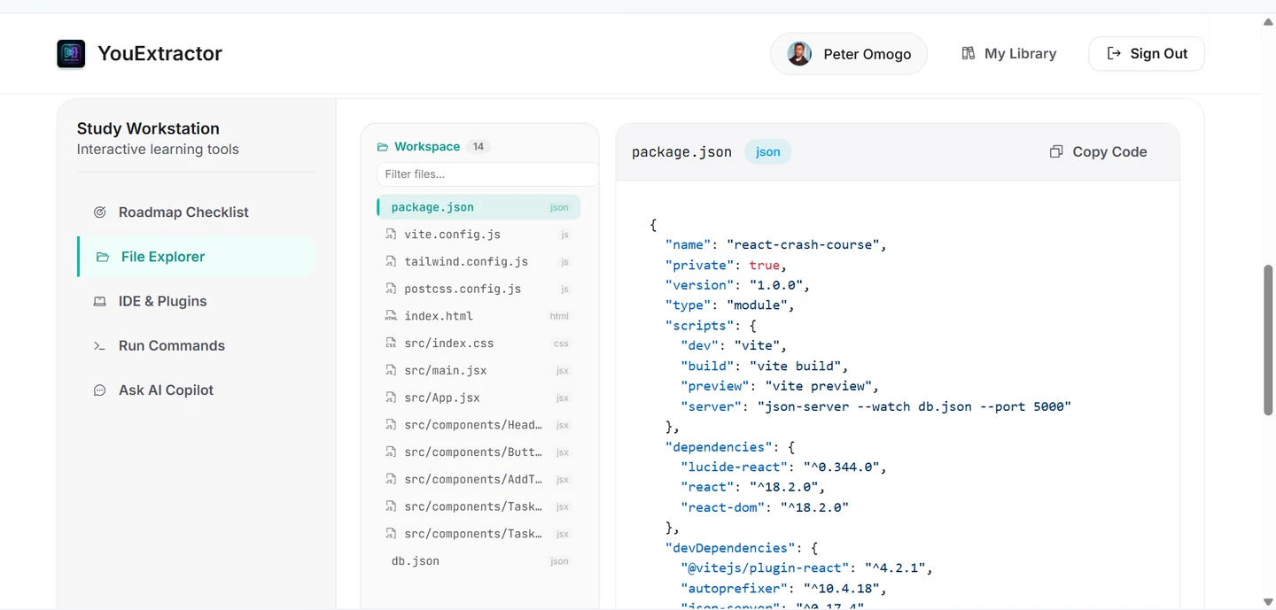 YouExtractor's File Explorer showing 14 files from a React tutorial, with package.json open showing scripts and dependencies.
