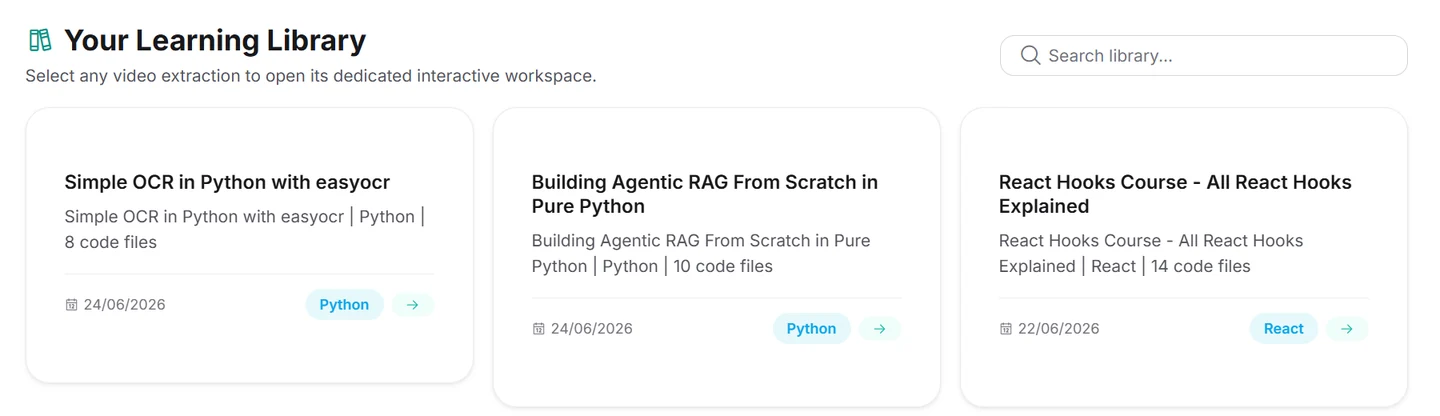 The YouExtractor Learning Library with saved tutorials: Simple OCR in Python with easyocr, Building Agentic RAG From Scratch in Pure Python, and React Hooks Course.