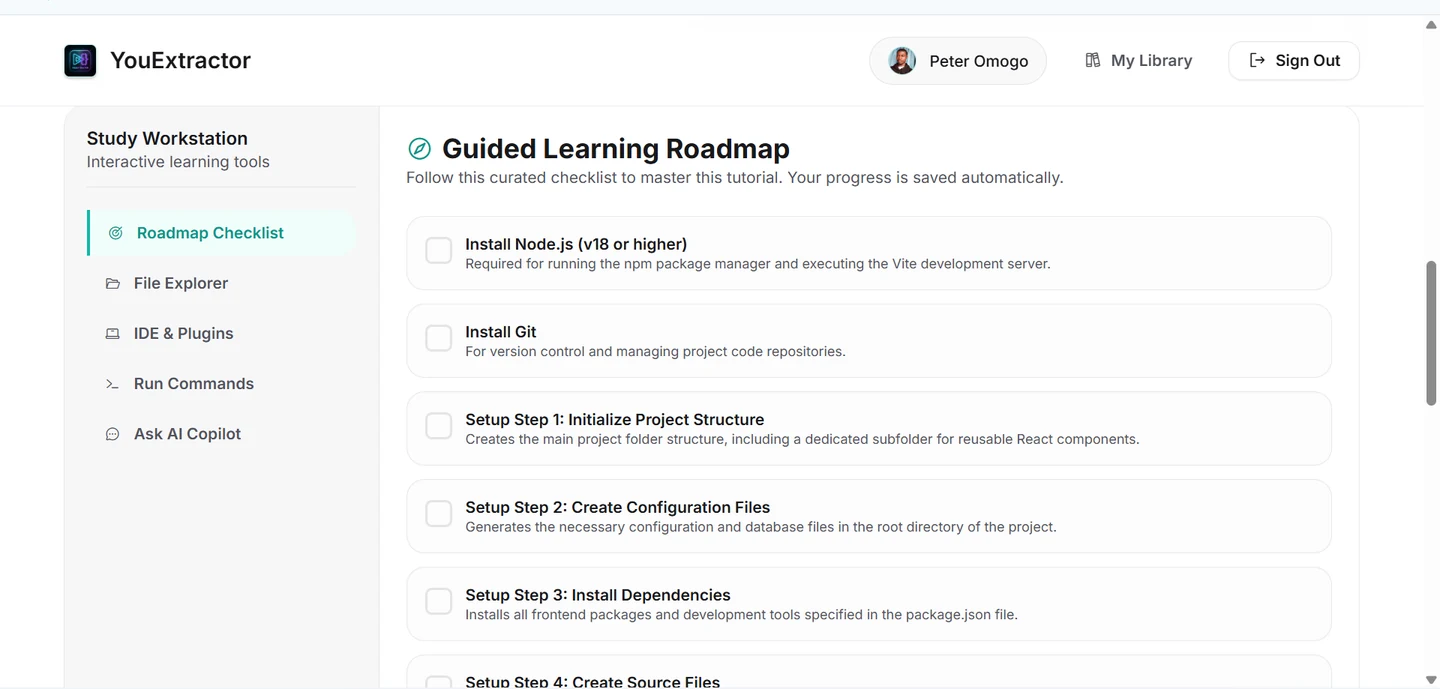 YouExtractor's Guided Learning Roadmap with a checklist: install Node.js v18 or higher, install Git, initialise the project structure, create configuration files and install dependencies.